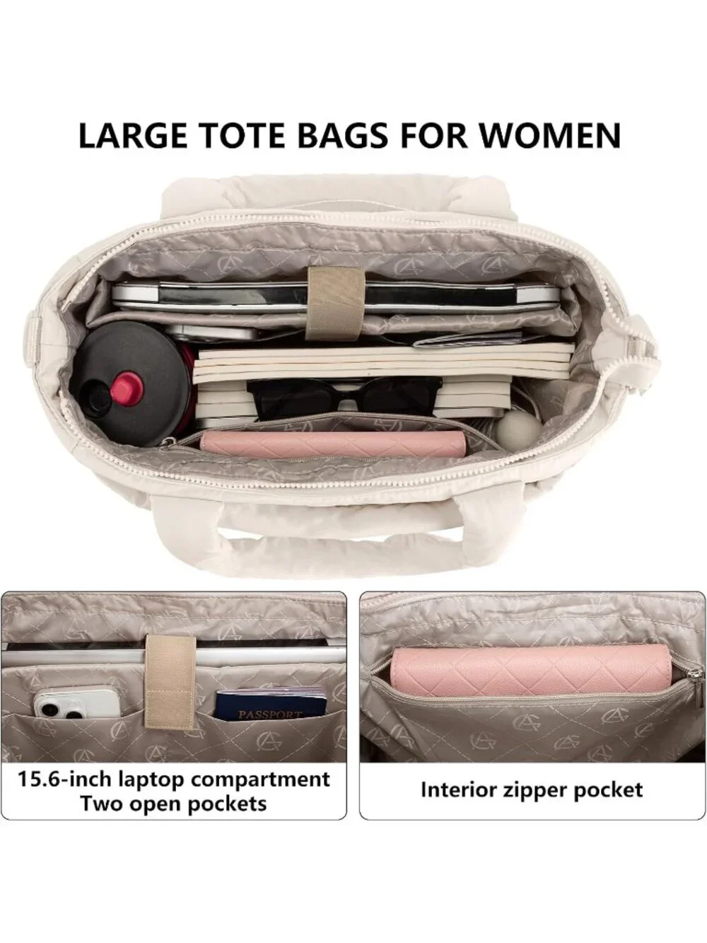 👜Women's Camel Quilted Puffer Tote Bag Lightweight Work For Travel Handbags